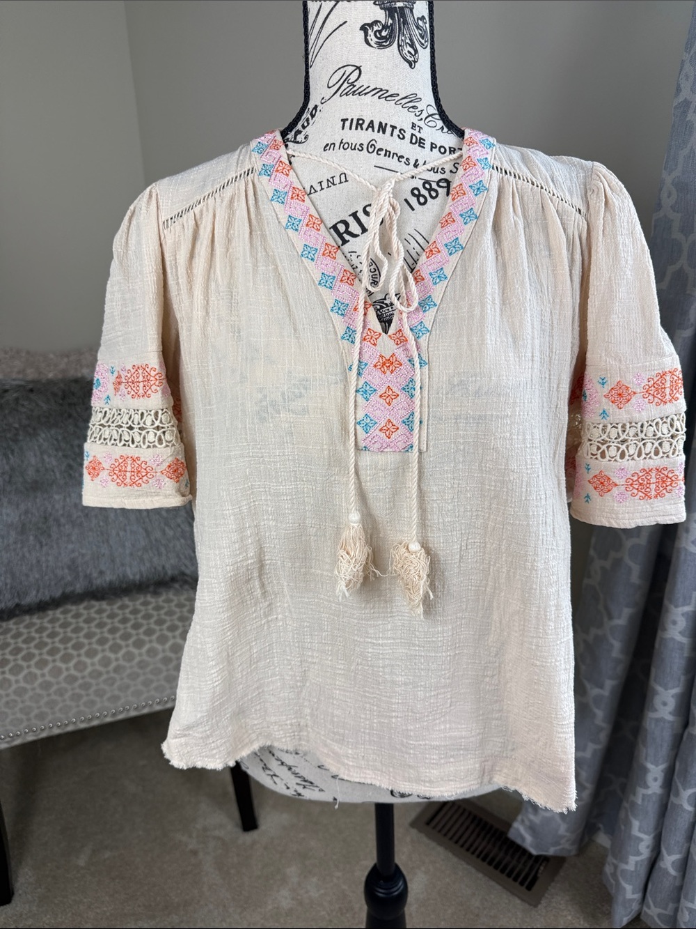 Boho Embroidered Cream Peasant Top with Pink & Blue Accents